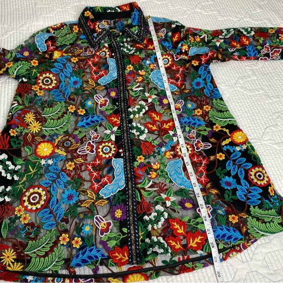 BEREK Petite L Floral Embroidered Black Mesh Button Down Shirt Blouse *flaw - Picture 7 of 14